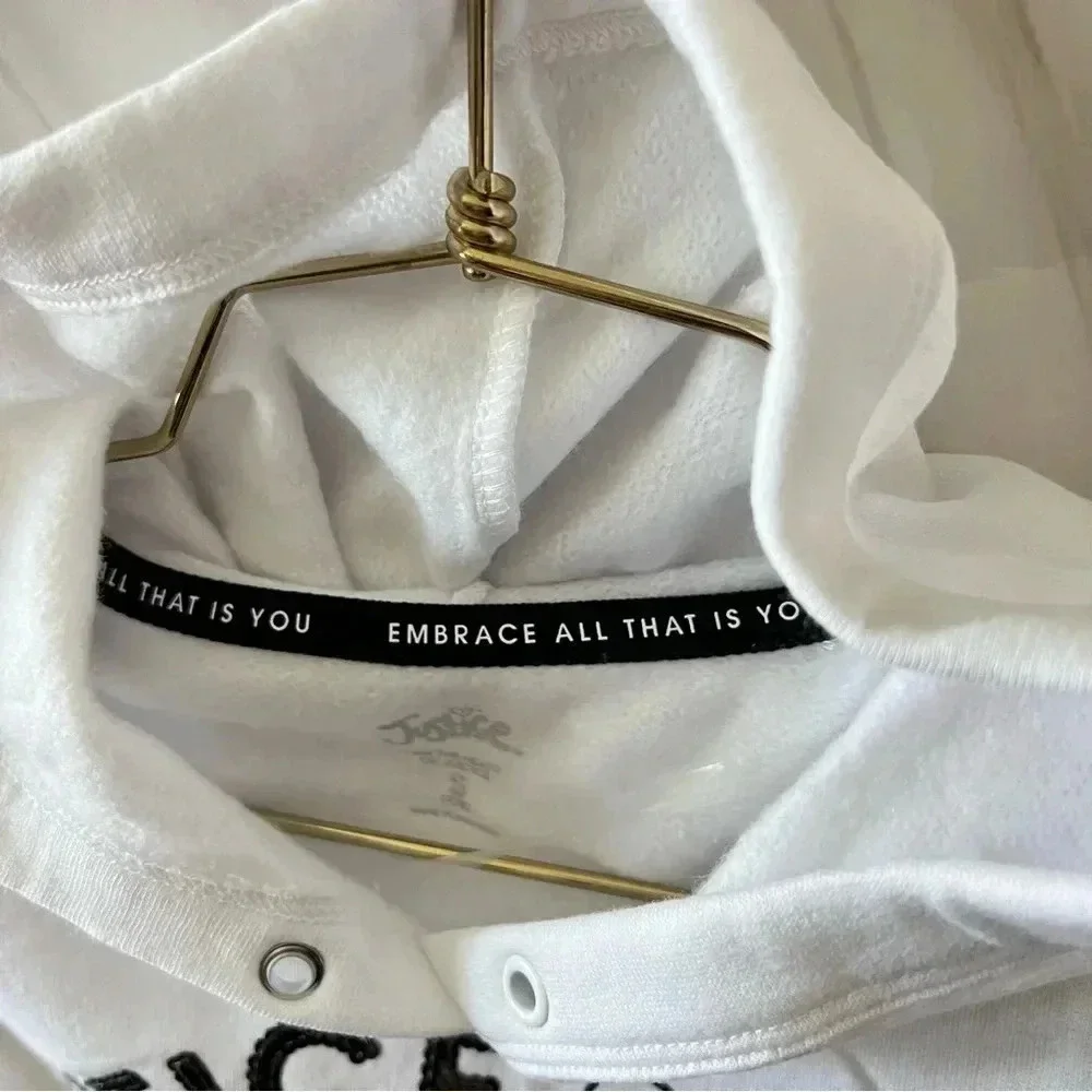 Justice Girls J-Sport Cut Off Hoodie Size Small (7/8) White Black Sequins
